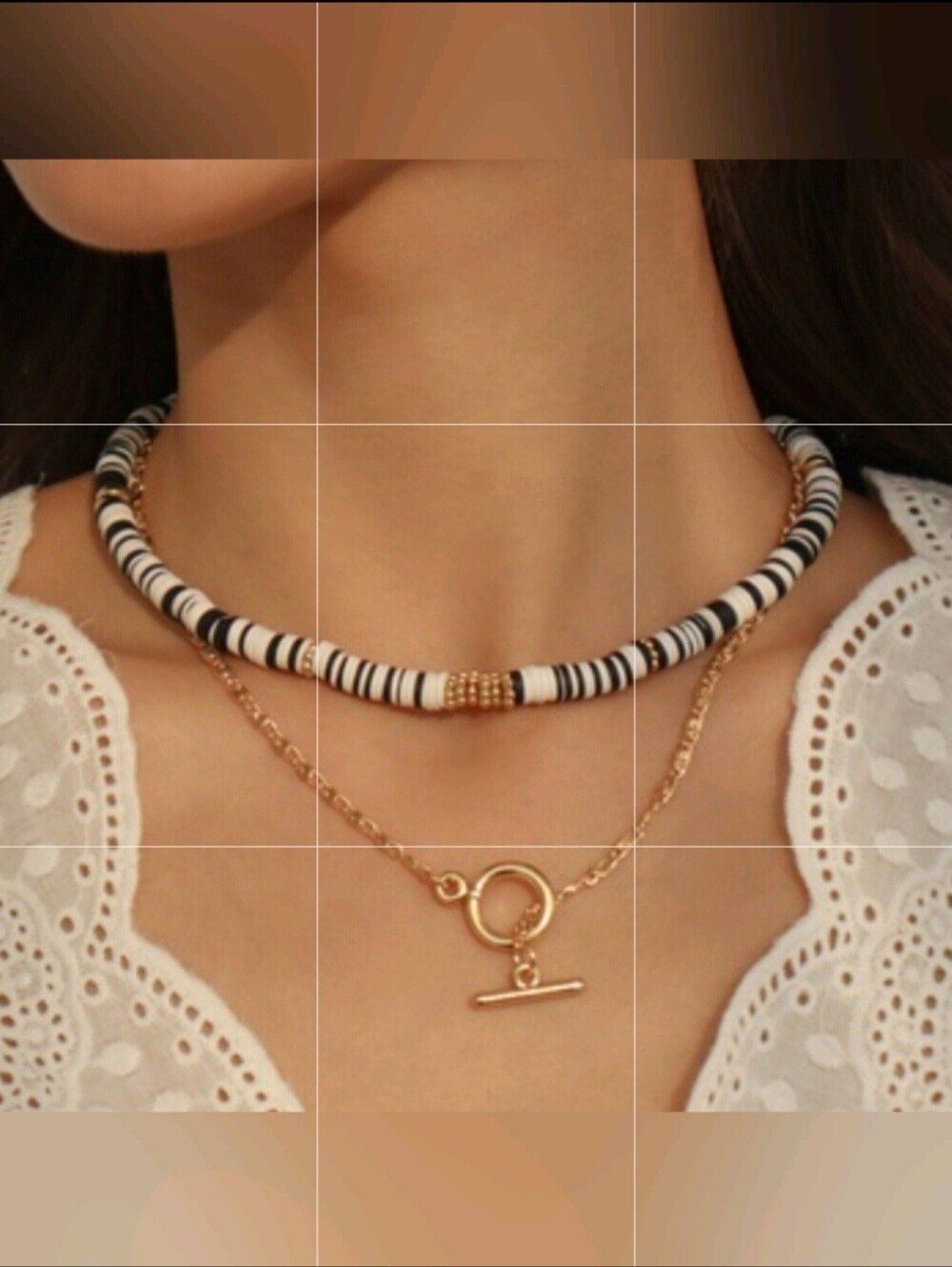 Faux Puka Bead Choker Gold Tone Chain Black White & Grey